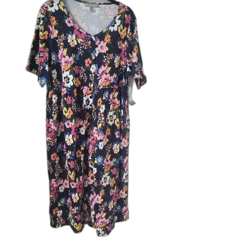 NEW Woman Within Pastel Floral Button Front Dress w/ Pockets 18/20